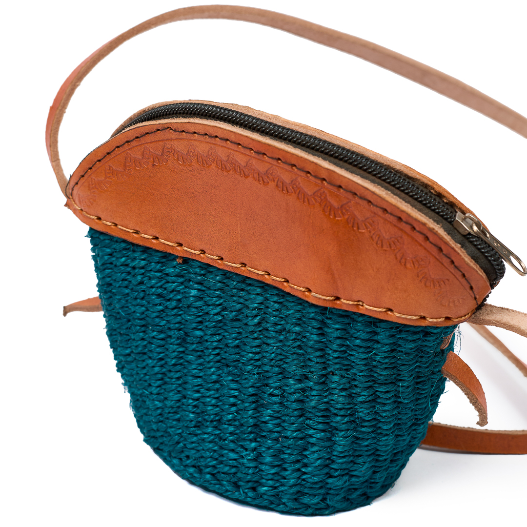 African Magenta Savanna Zebra Sarong (leso) Teal Mini- Sisal Kiondo Bags with Zipper Cross-Body Purse