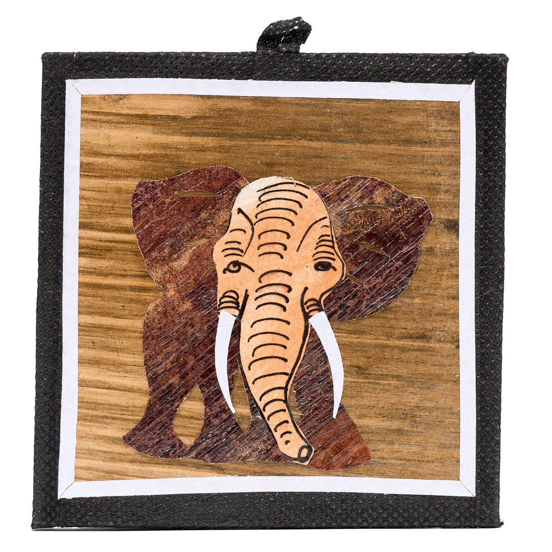 Handpainted Majestic Elephant Savannah Banana leaf Fibre wall hangin Collage. - Landscape.