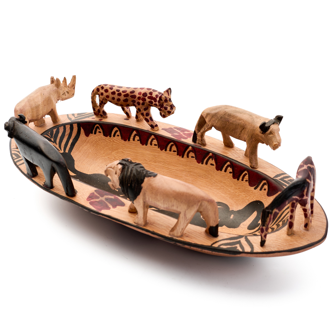 Hand-Carved wooden Elephant Painted Hand-Etched Safari Catchall Trays oval(big five safari)