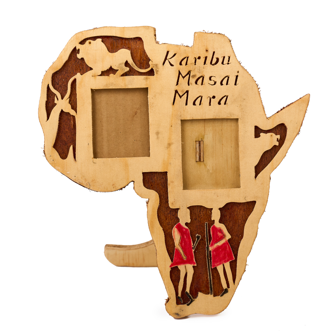 Hand made 'Karibu Masai Mara" wooden Africa Map Double Passport holder Photo Frame