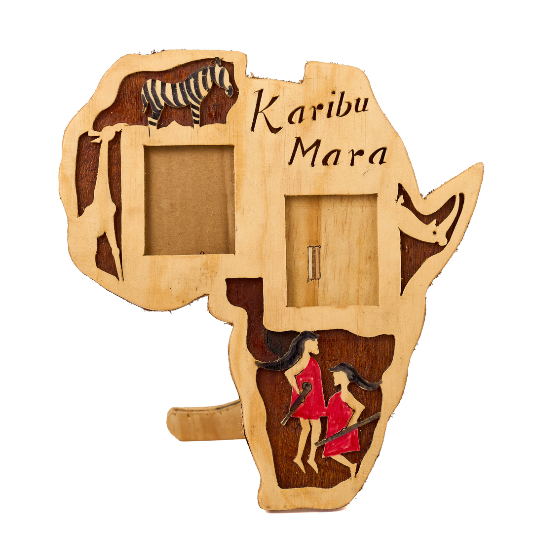 "Karibu Mara" handmade wooden Africa Map Double Passport Photo holder Frame