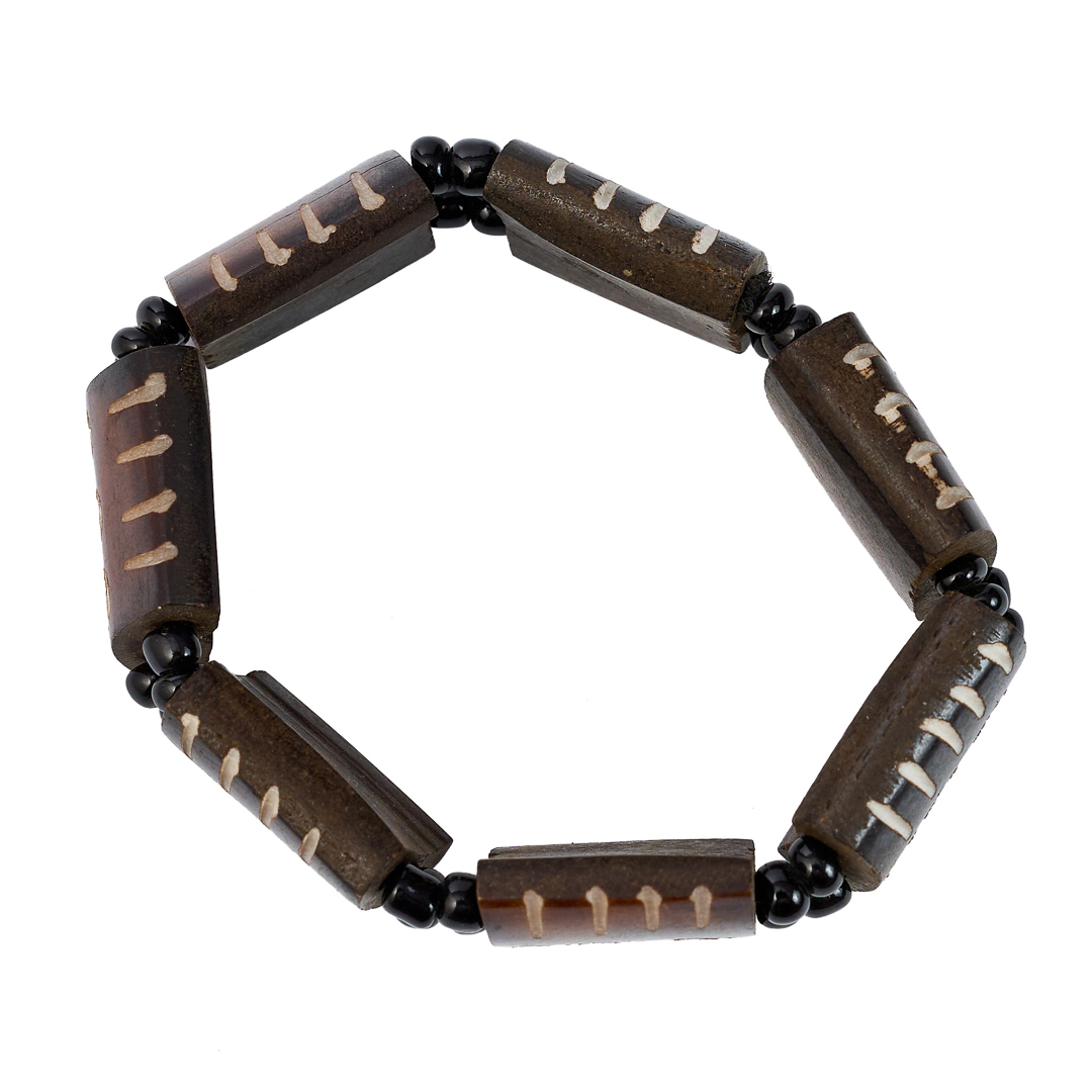 Hand crafted bone and beaded Brown bracelet - White Stripped