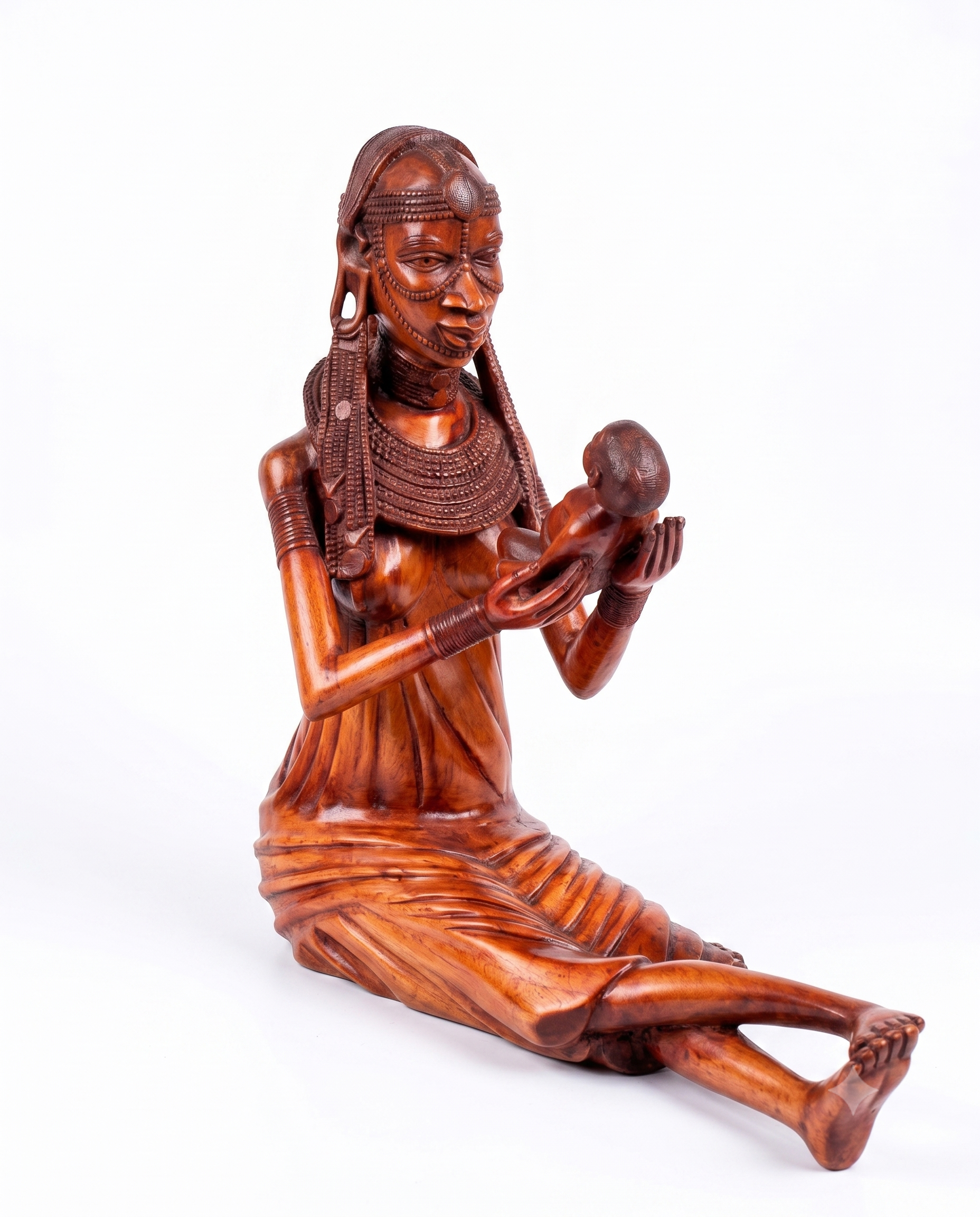 Hand-Carved Seated Mother and Child Wooden Sculpture | African Tribal Woman Figurine | Warm Mahogany Finish Artisan Statue | Kenyan Decor