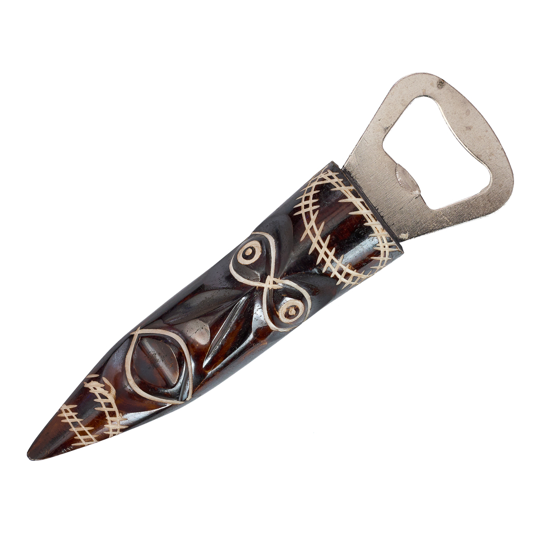 Hand-Carved Bone Mask Bottle Opener with Cross-Hatch Detail