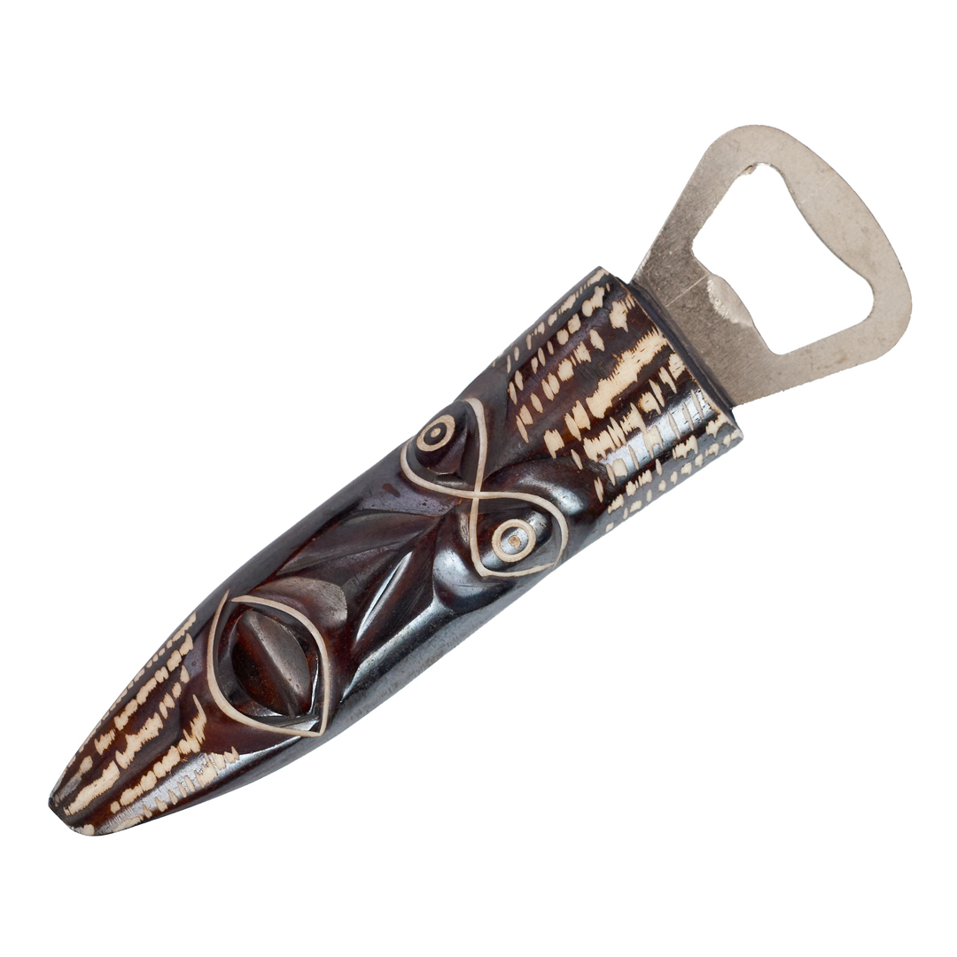 Handcrafted Tribal Face Bottle Opener with Bone-Inlaid Striped Accents