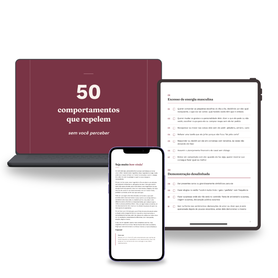 Mockup do checklist 50 Comportamentos que Repelem em notebook, tablet e celular