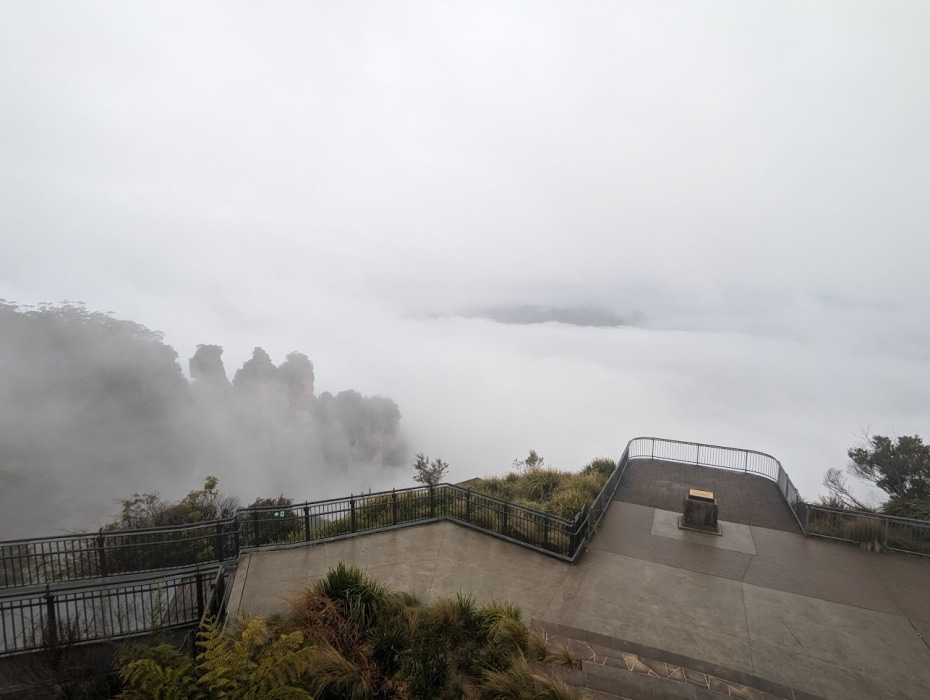 Blue Mountains lookout swimming in fog.