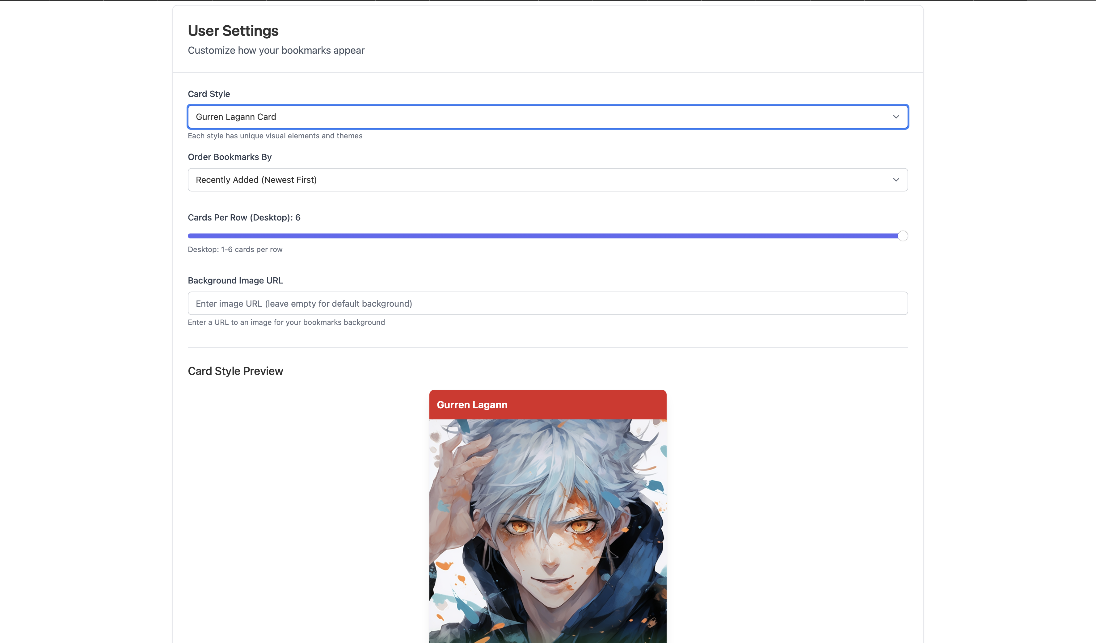 Weeabuu settings page showing customization options for card styles and layout
