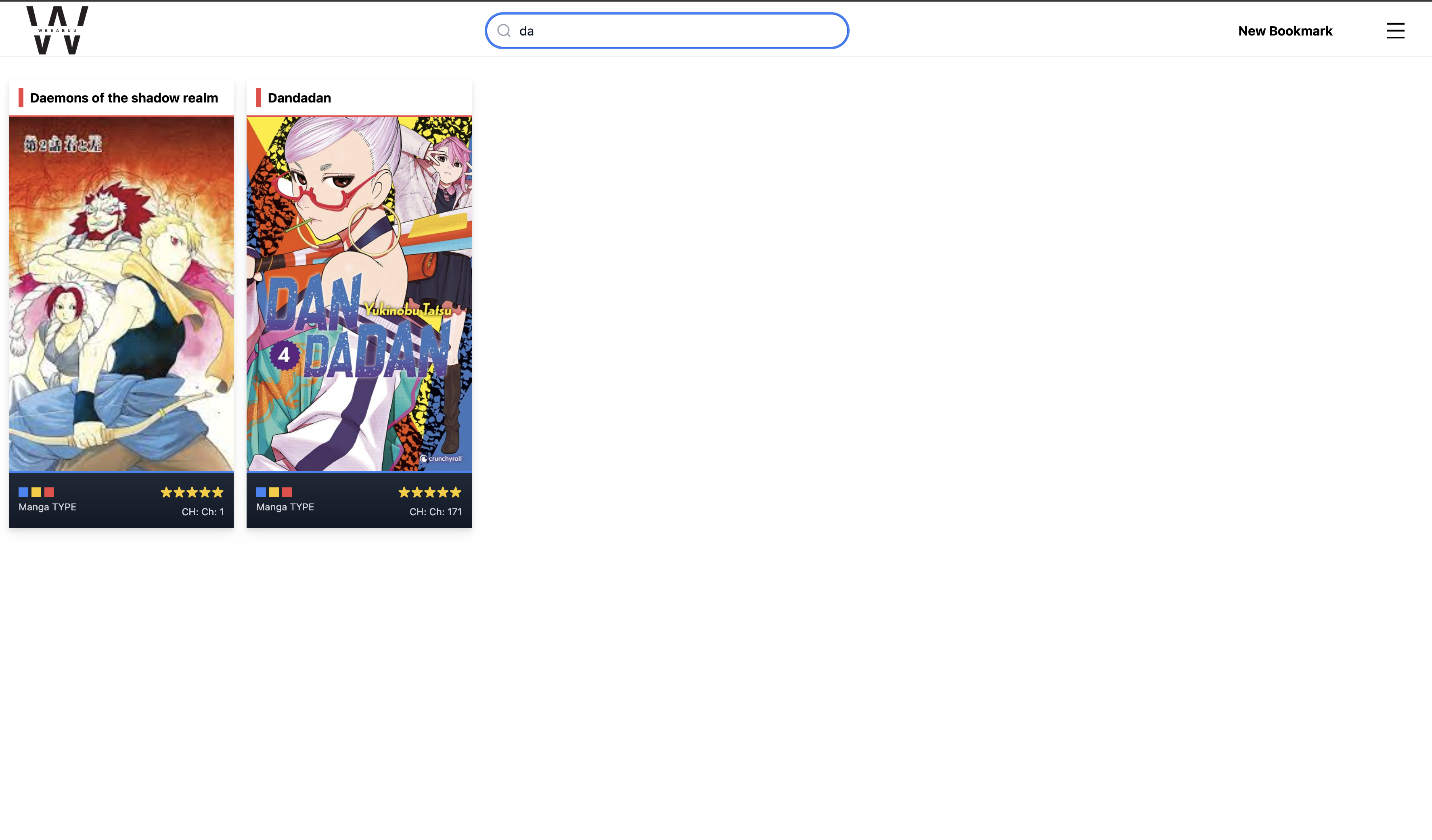 Weeabuu search functionality showing filtered bookmark results
