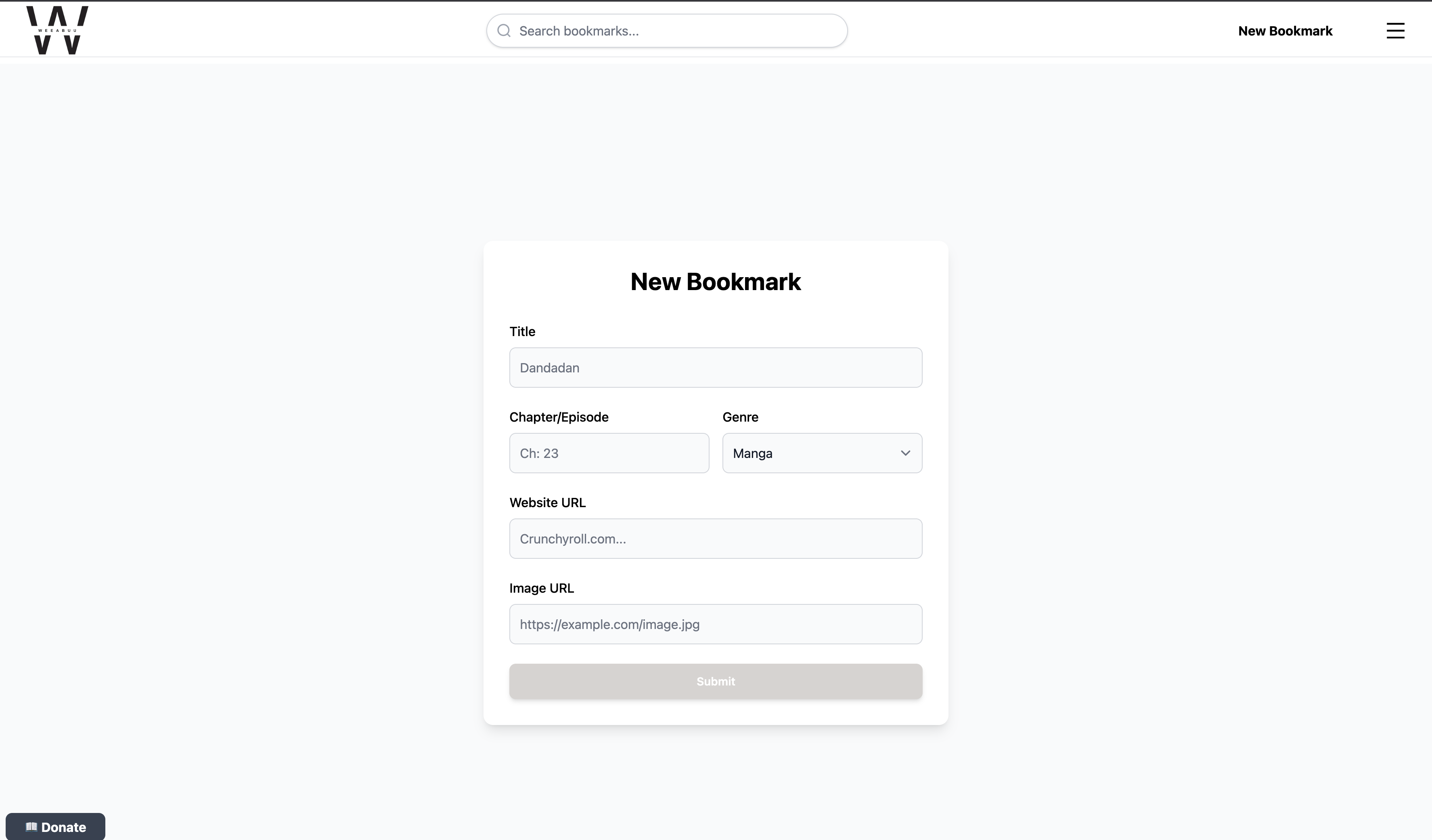Weeabuu create bookmark page showing form to add new series