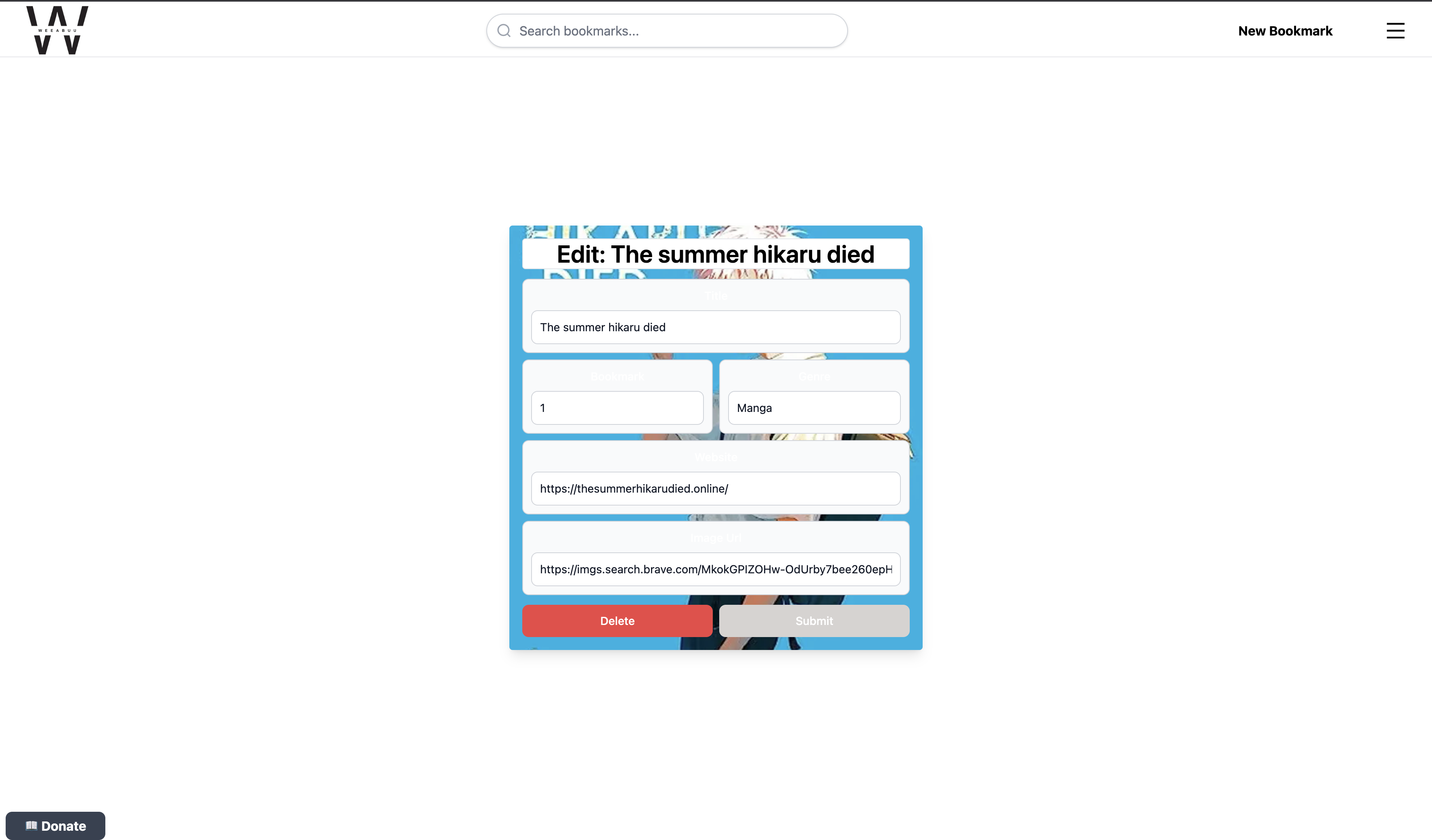 Weeabuu edit bookmark page showing form to update bookmark details