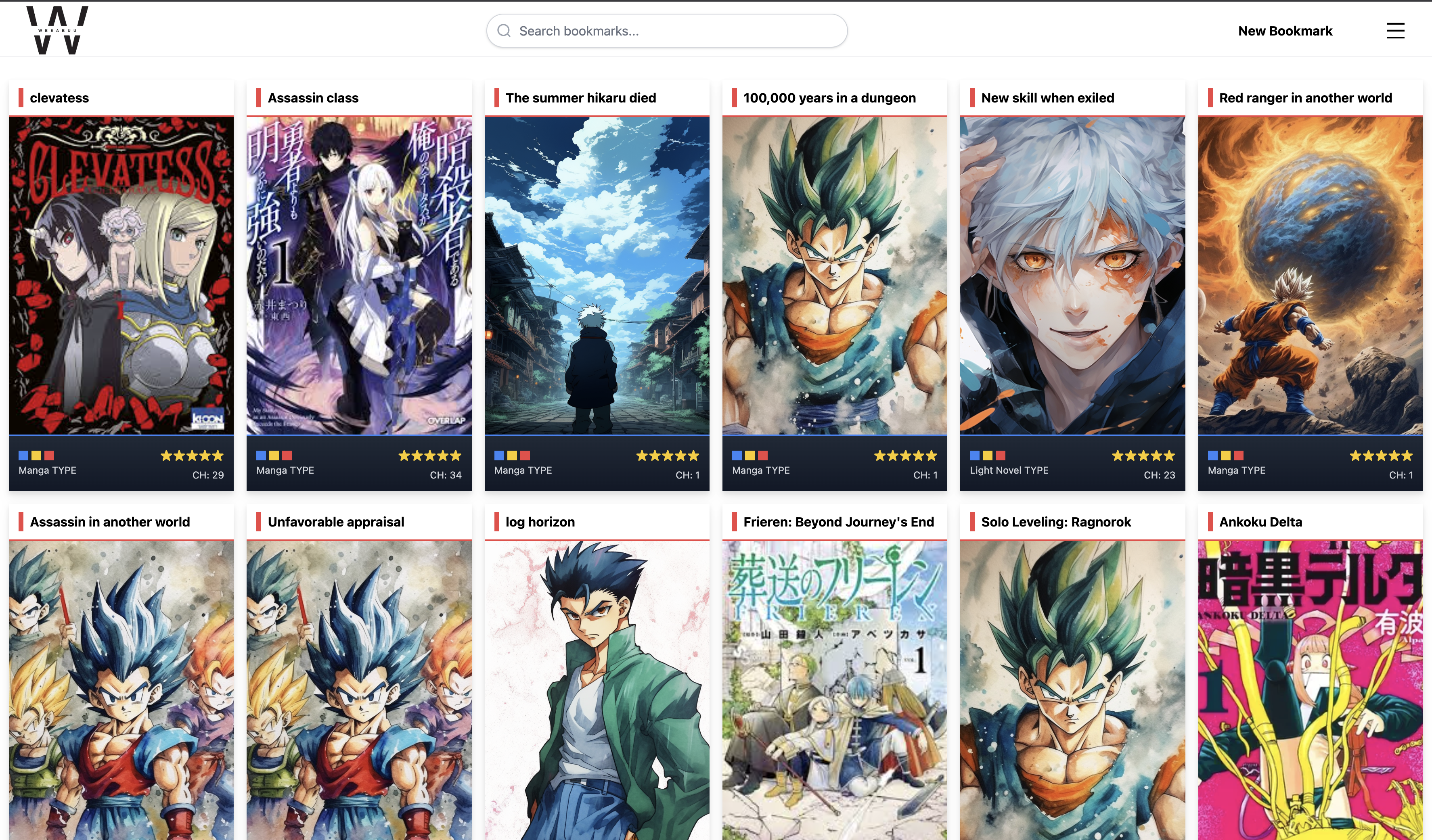 Weeabuu collection showing various anime and manga bookmark cards in a grid layout