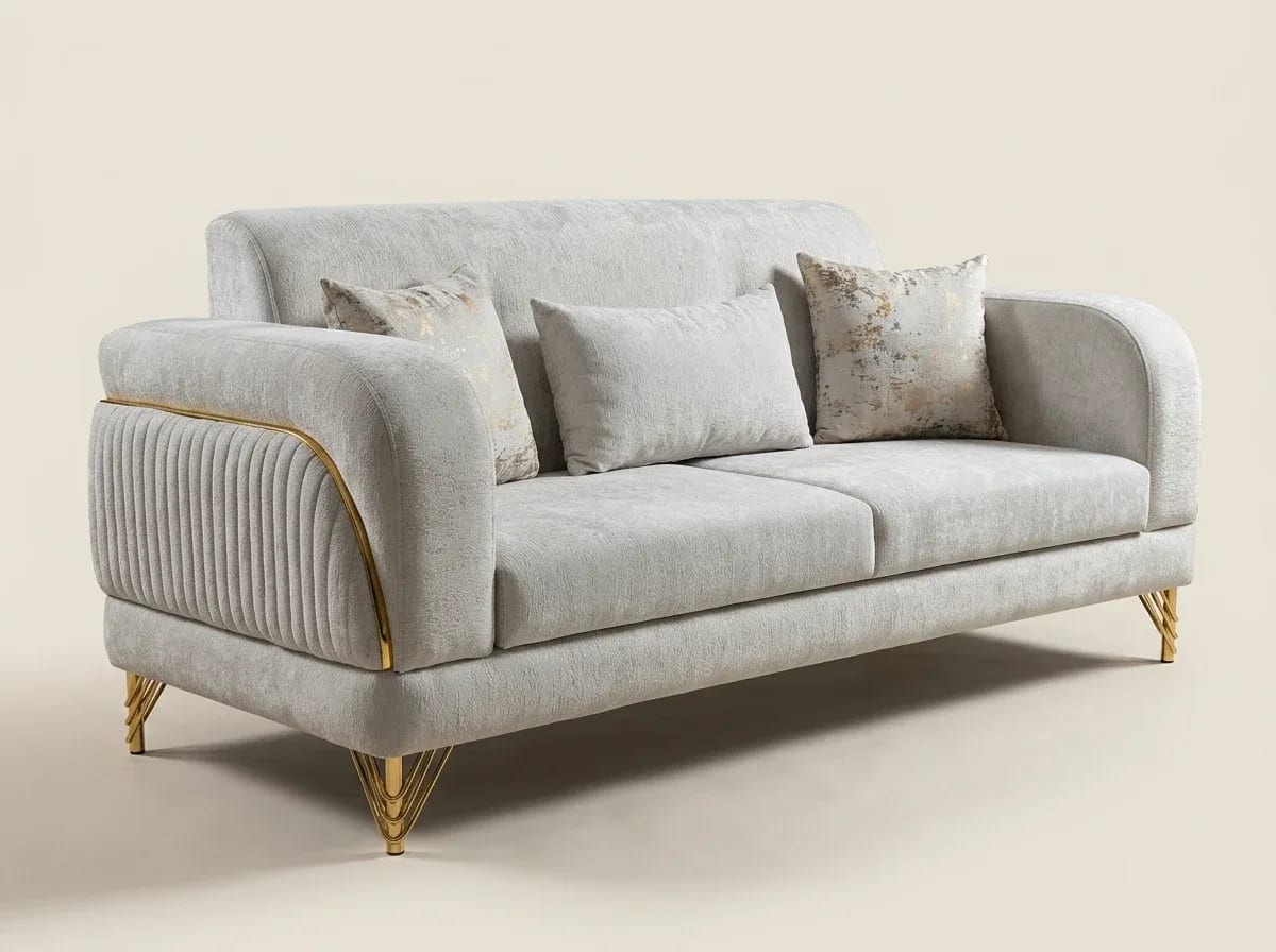Modern Fluted-Arm Living Room Sofa with Gold Trim