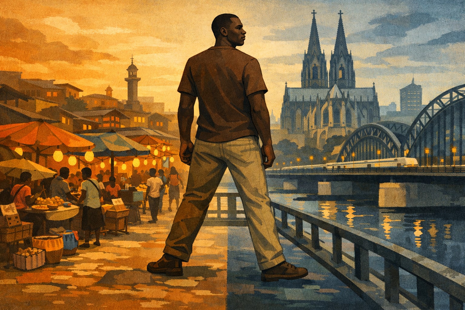 A Black man stands on a bridge at dusk, one foot in a warmly lit African city scene (Accra, vibrant yellows and reds, street vendors, community) and the other in a cool, structured European cityscape