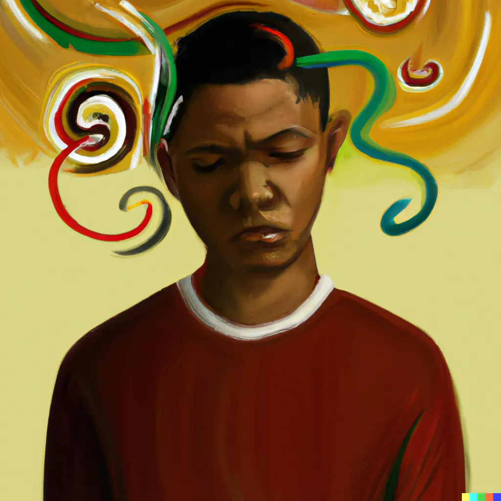 A young African man facing uncertainty with a whirlwind of emotions