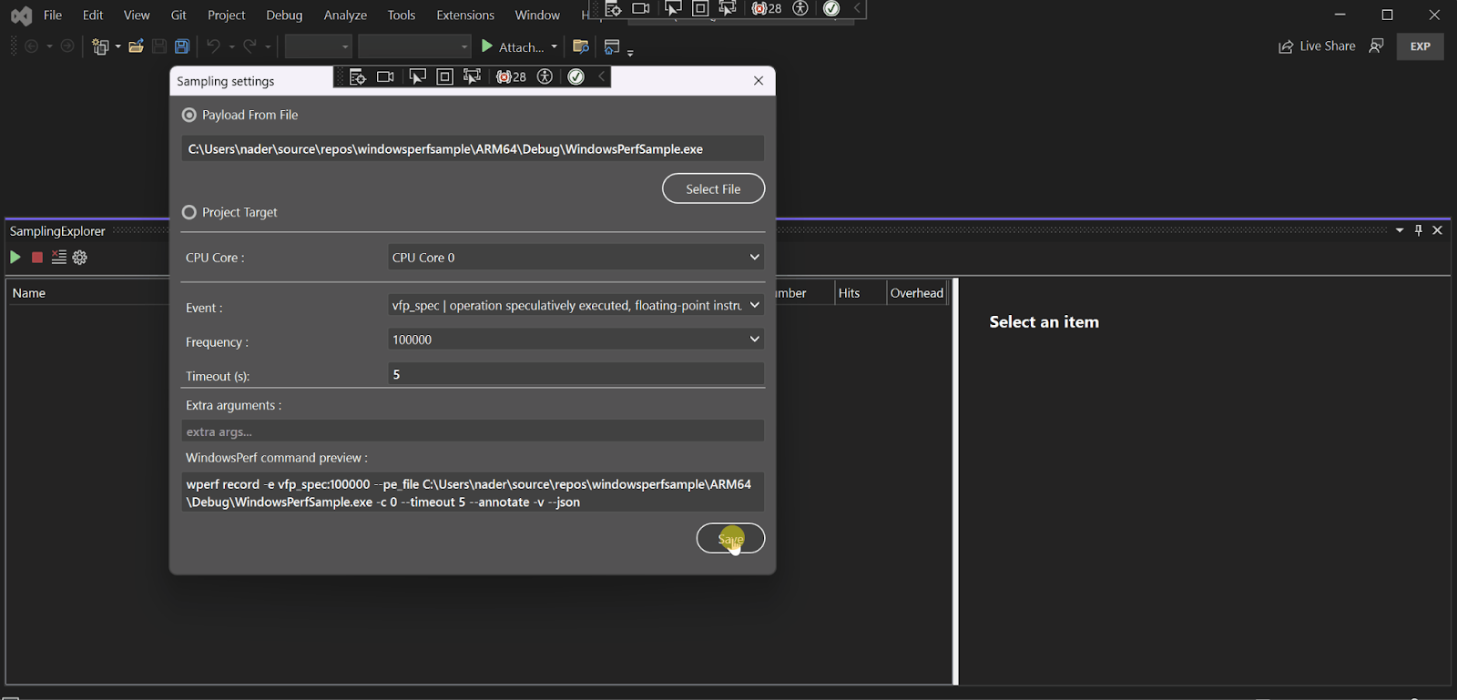 Sampling settings dialog for the WindowsPerf GUI