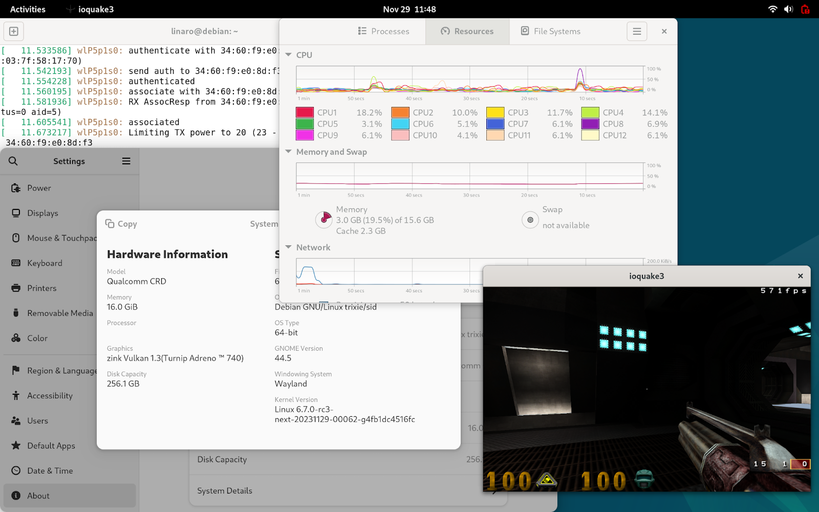 Debian running on top of latest linux-next, with GPU rendering, on Snapdragon X Elite (X1E80100) Compute Reference Device