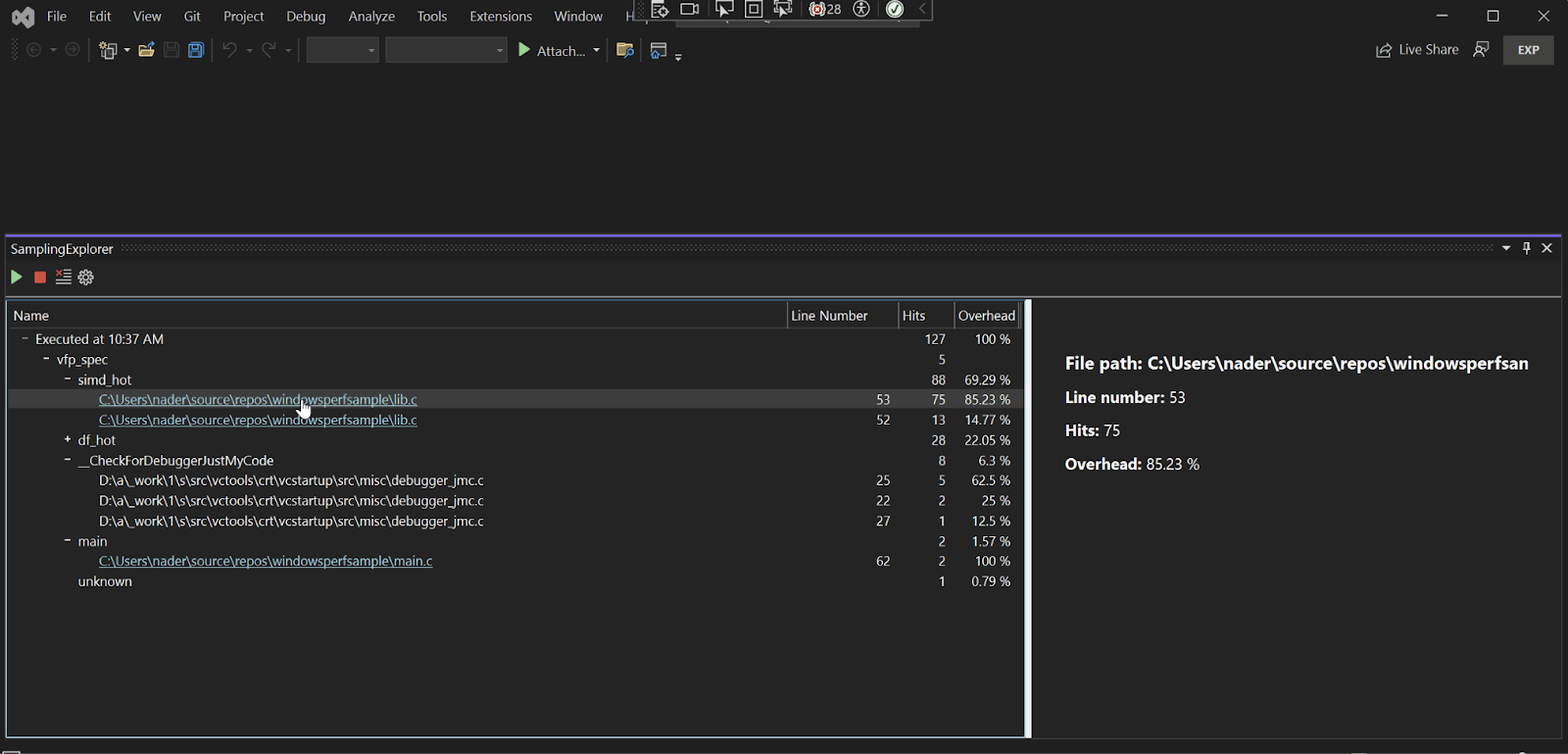 Sampling explorer window for WindowsPerf GUI