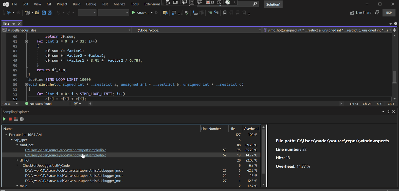 How to open a file from the sampling explorer in WindowsPerf GUI