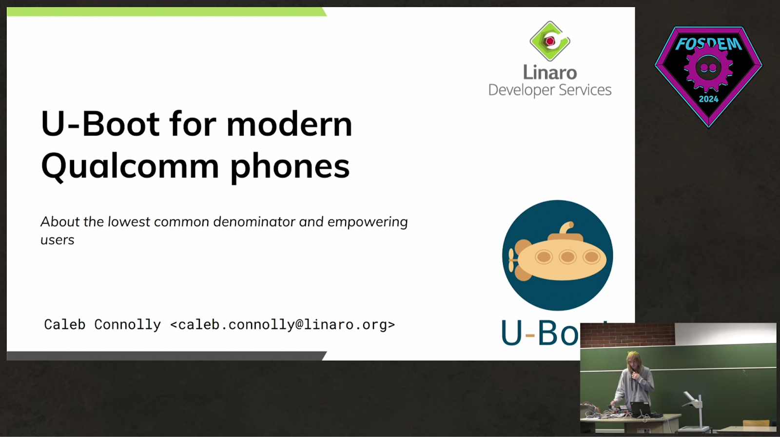 Casey presenting about U-boot in FOSDEM24