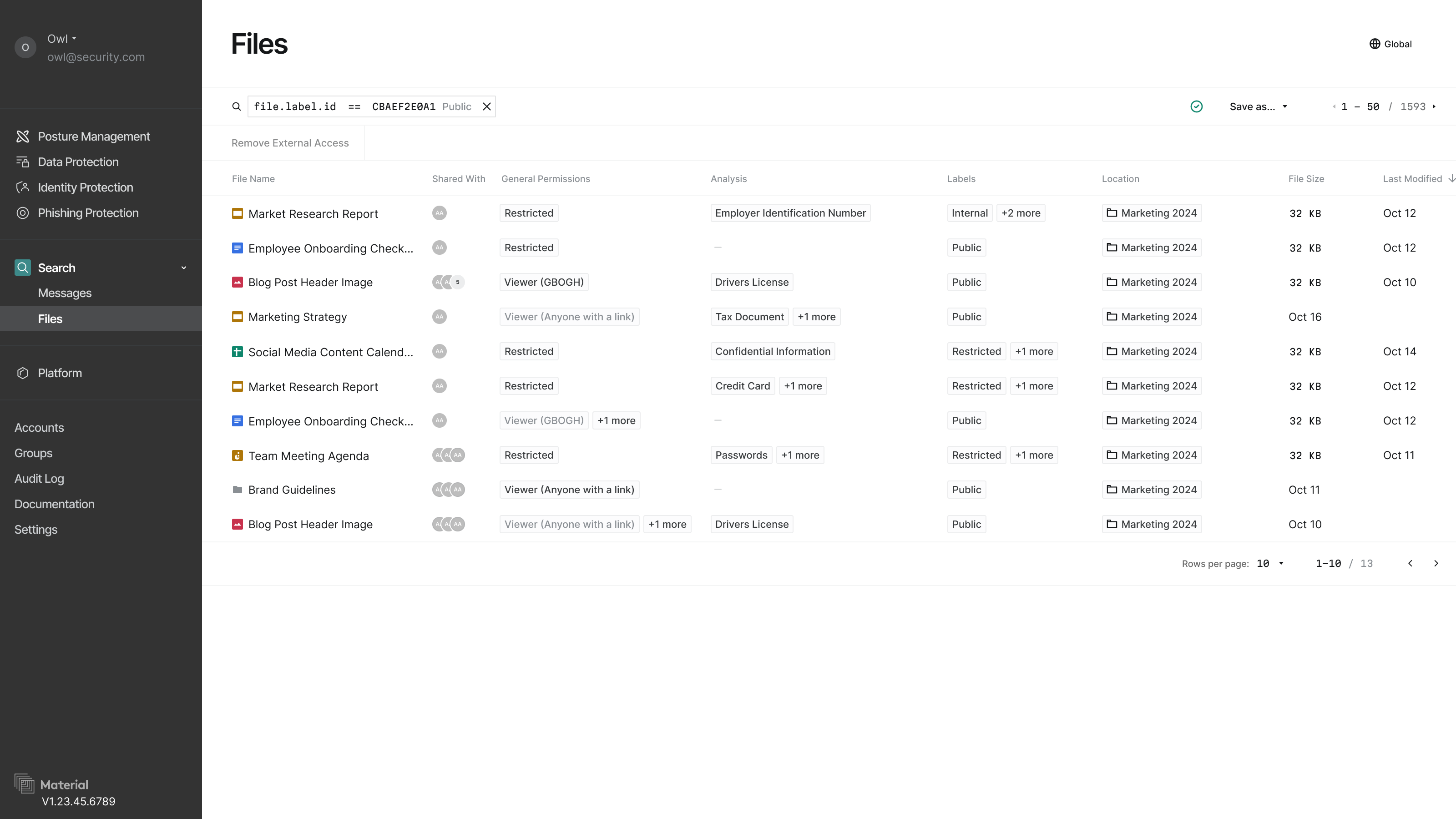Search results interface with labels