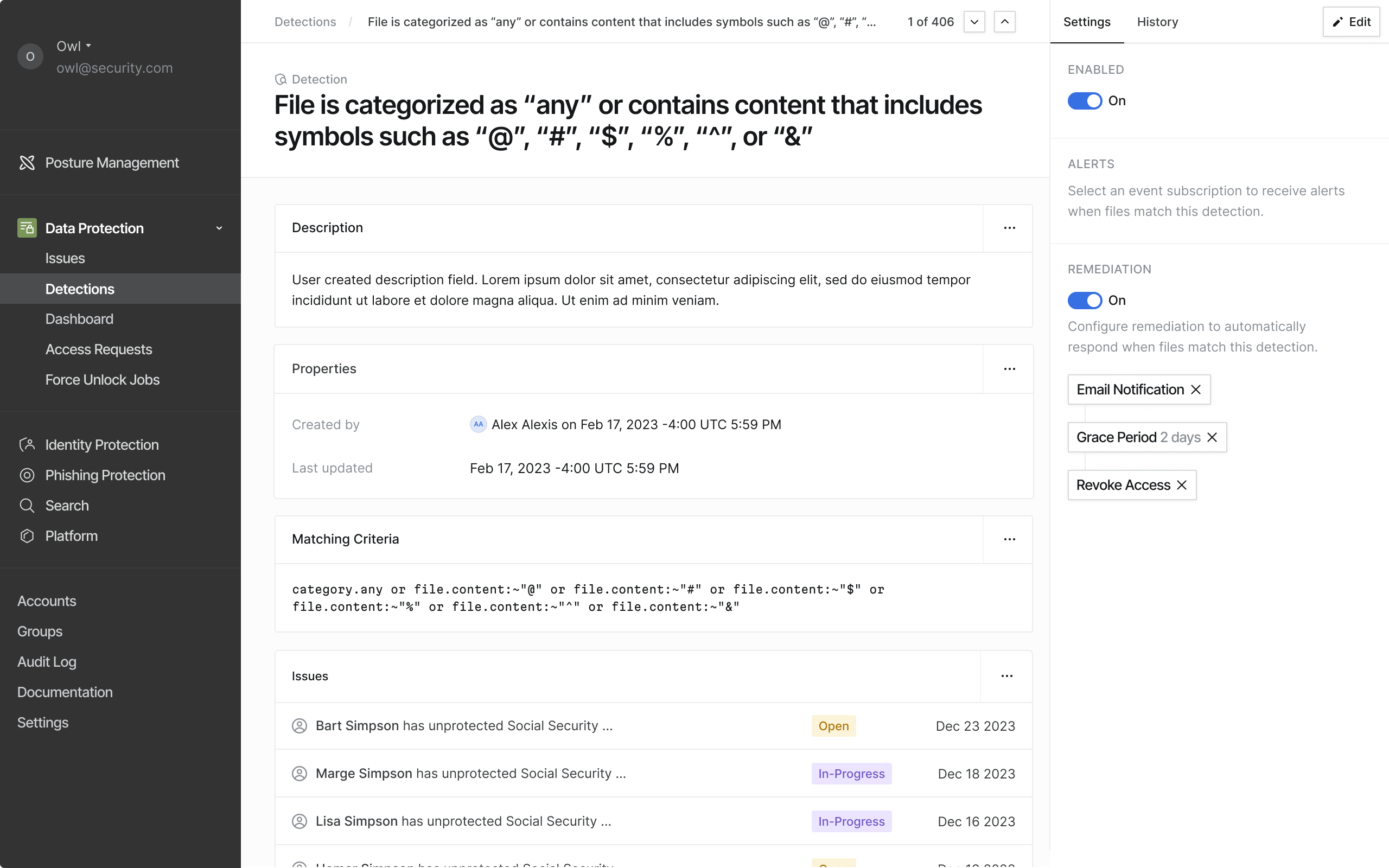 Detection details interface with automatic remediations