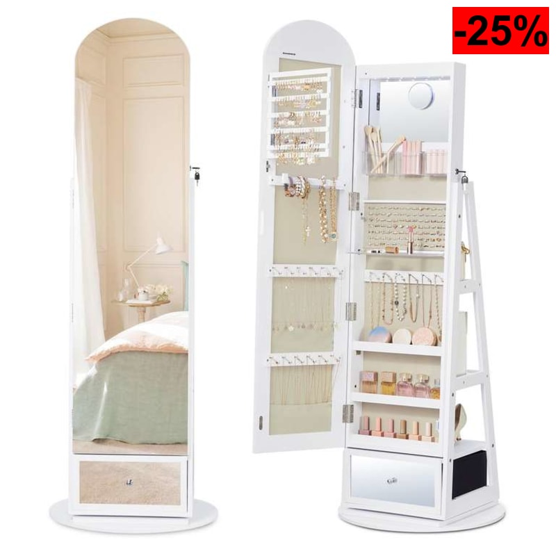 SONGMICS Armario Joyero Giratorio 360° con LED, Joyero de Cuerpo Entero, Cajón, Espejo Interior, Espejo de Aumento, Ganchos, Baldas, Blanco
