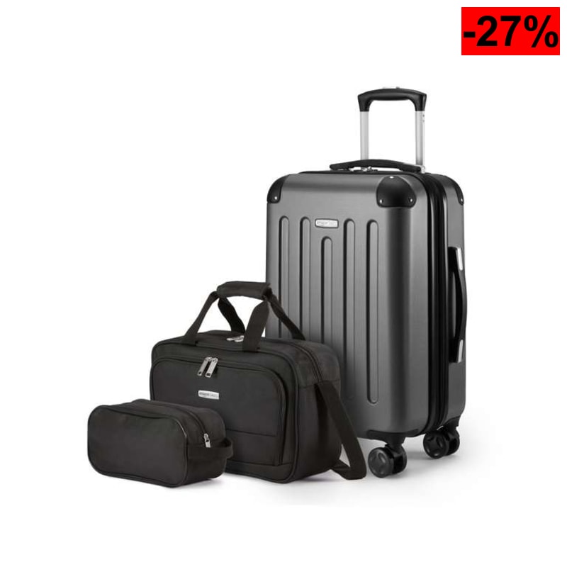 Amazon Basics (3 Unidades)Equipaje de Mano rígido con Ruedas(58cm), Bolsa de Mano(48cm) y Bolsa de Viaje compacta(25) + Rosa y Azul