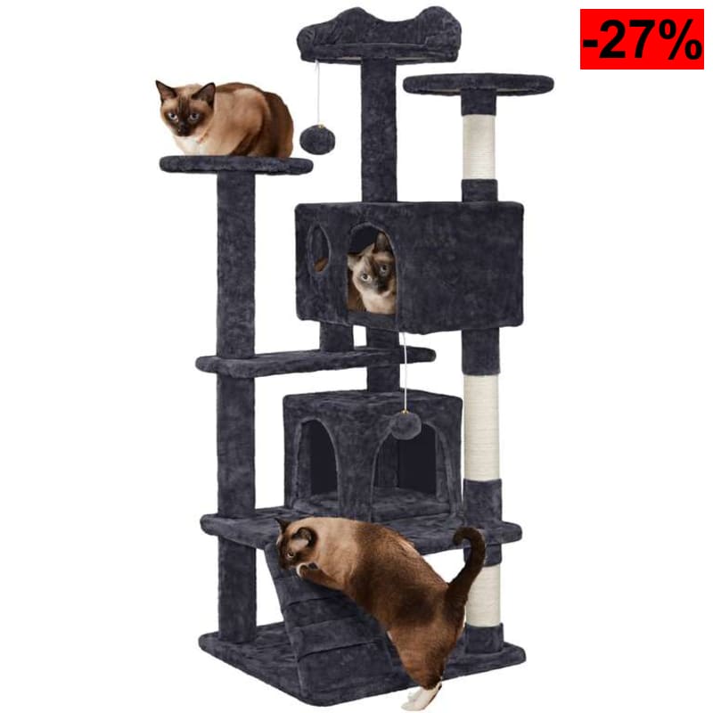 Árbol rascador para gatos 139 cm con 3 plataformas, 2 nidos, 2 pompones y postes de sisal para trepar y afilar uñas