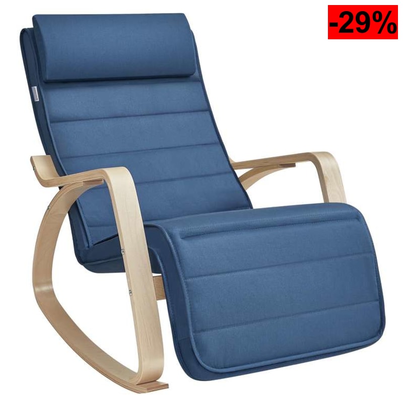 SONGMICS Silla Mecedora, con Apoyabrazos de Madera de Abedul con Reposapiés Ajustable en 5 Posiciones