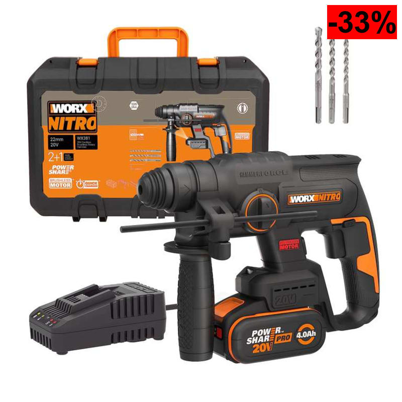 Martillo percutor sin cable Worx Nitro 20V con maletín, batería y cargador