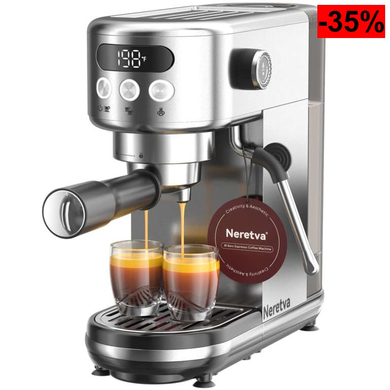 Neretva Cafetera 20 Bares, Cafetera Espresso 1350W Ultracompacta de Acero Inoxidable