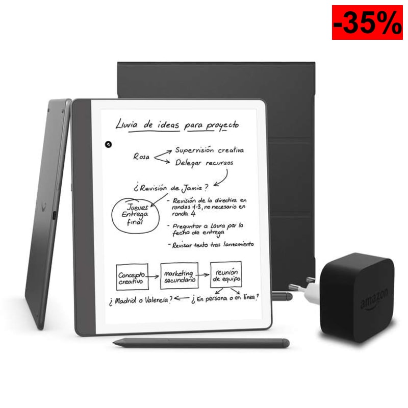 Kindle Scribe (versión 2024) de 32 GB, una funda basada en plantas de Amazon y un adaptador de corriente Amazon Powerfast de 9 W