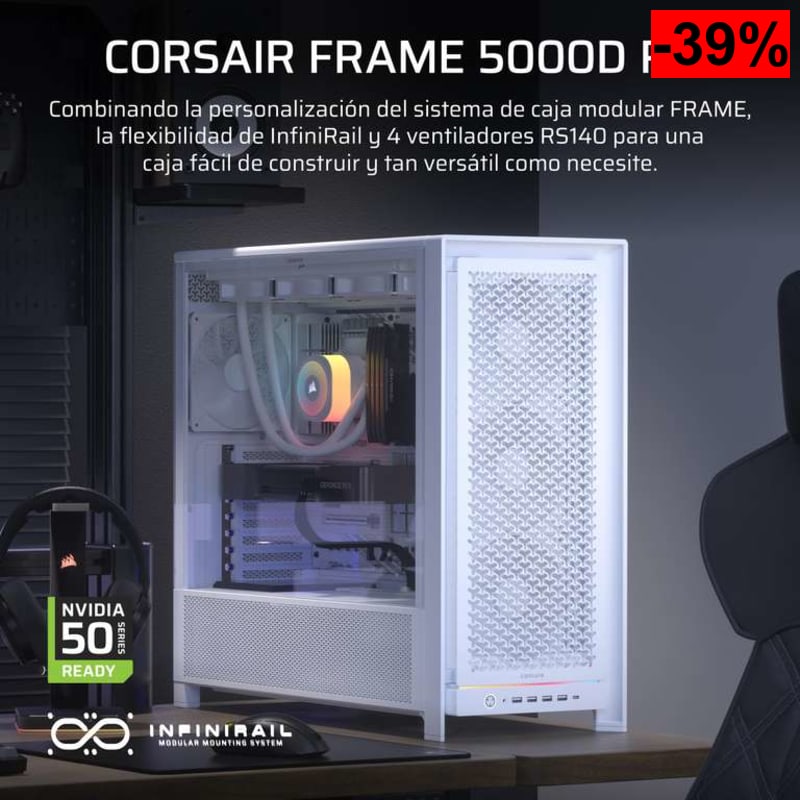 Caja PC CORSAIR Frame 5000D RS Modular Blanco (Chasis Mid-Tower de gran flujo de aire, 4 ventiladores RS preinstalados y sistema InfiniRail)