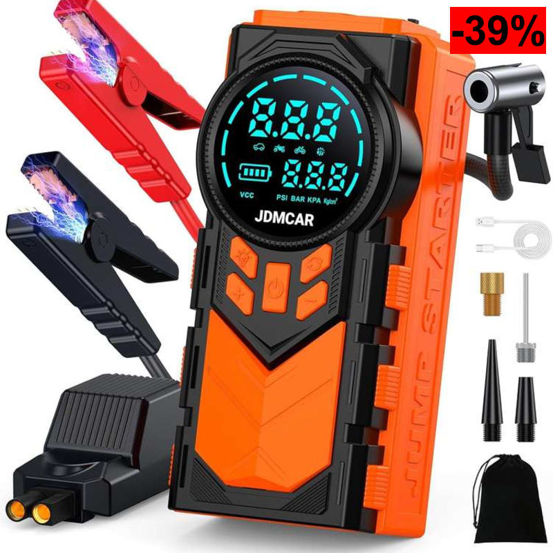 JDMCAR Arrancador de Baterias Coche Compresor -4 en 1 con Pantalla LCD