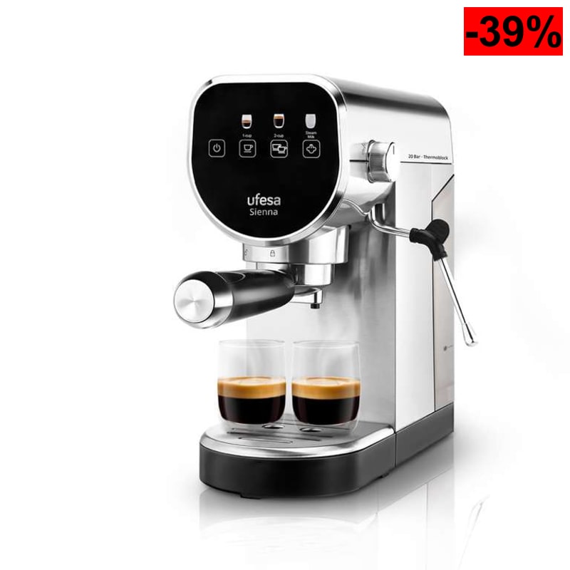 Ufesa Sienna Cafetera Espresso y Capuccino, Presión 20 Bares, Panel Táctil Digital, 1360W, 0.9L, 1 o 2 Cafés, Función Calienta Tazas