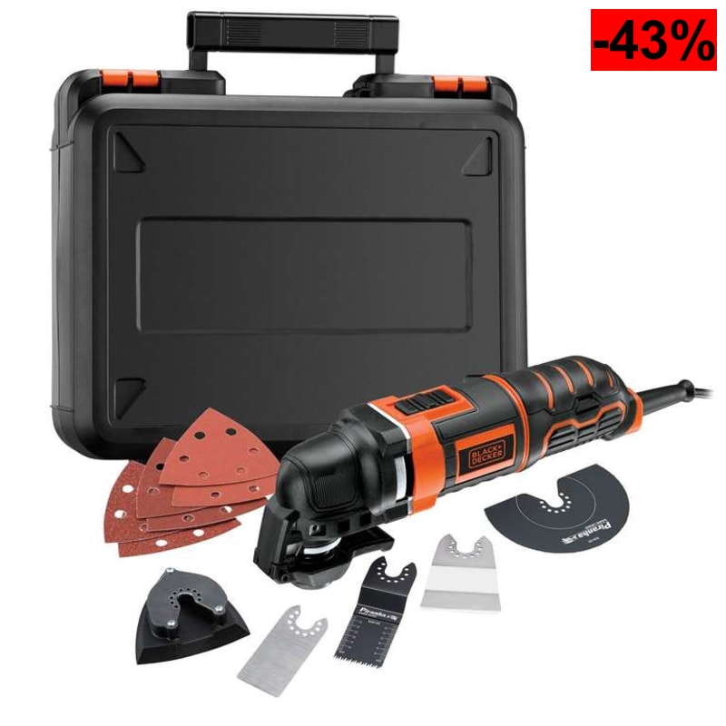 BLACK+DECKER Multiherramienta Oscilante 300 W con 5 Acoplamientos, 6 Hojas de Lija y Maletín,