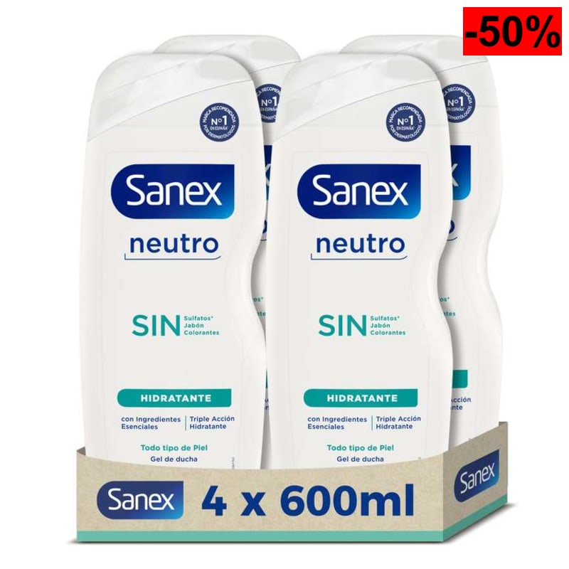 1,84€/bote comprando 2 packs | Sanex Gel de Ducha Neutro Hidratante 4x600 ml, 0% sulfatos, jabón y colorantes