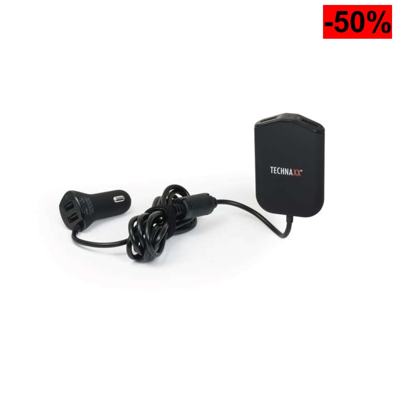 Cargador coche familiar Technaxx con 4 puertos USB - IC inteligente, clip de asiento trasero, DC 12-24V, carga rápida hasta 4 dispositivos