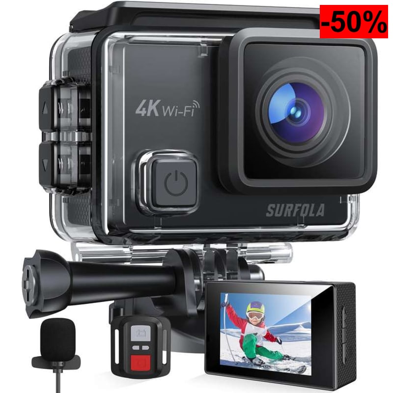 Cámara Deportiva Surfola 4K (20MP, EIS Antivibración, Micrófono Dual, 2 Baterías)