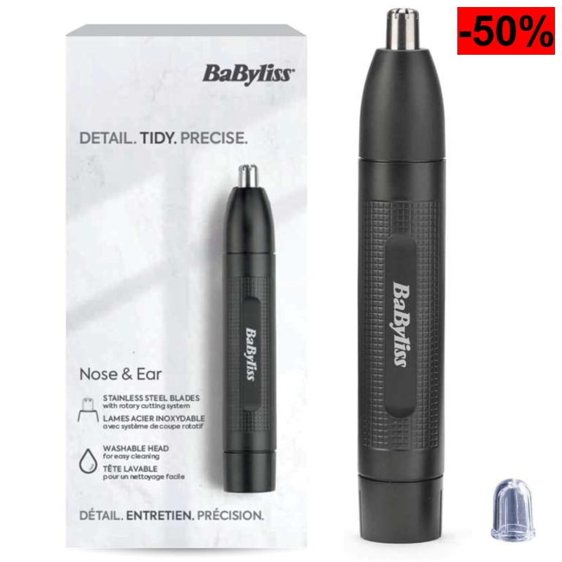 BaByliss Recortadora para Nariz y Orejas - Funciona con pilas, Acero Inoxidable, Accesorios extraíbles fácil limpieza