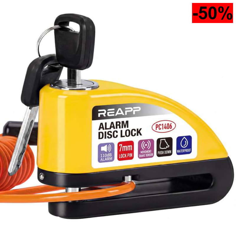 Candado de disco para moto REAPP con alarma 110 dB, pasador de 7 mm, cable recordatorio de 1,5 m, funda y accesorios