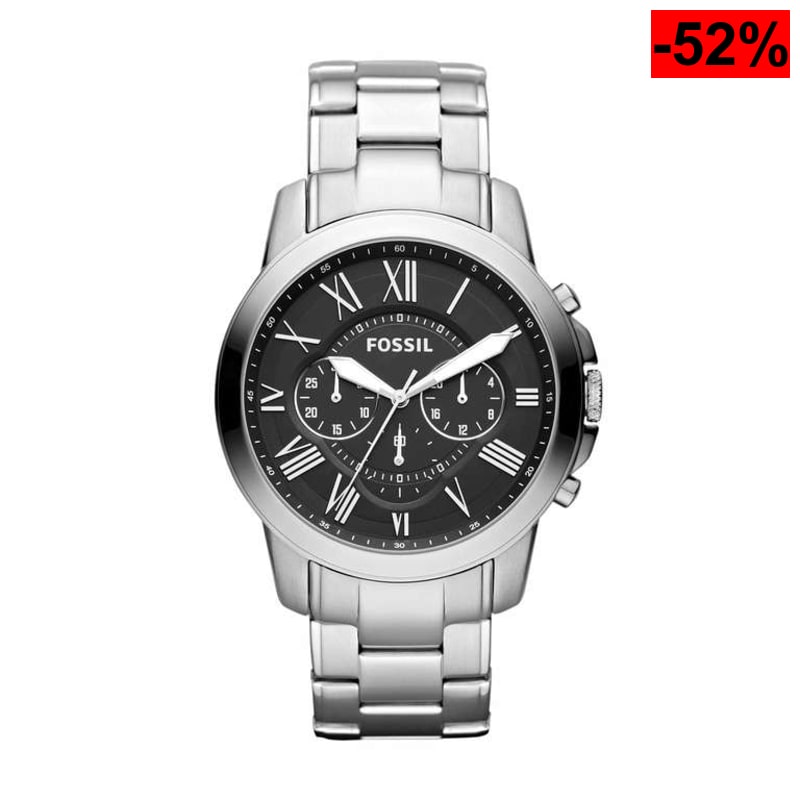 Fossil Reloj para Hombre Grant, movimiento de cuarzo, caja de acero inoxidable plateado de 44 mm con correa de piel, FS5210IE