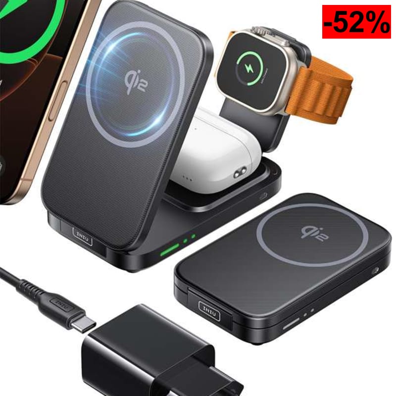 INIU Cargador Inalámbrico 3 en 1, 15W Certificado Qi2 Cargador de Rápida