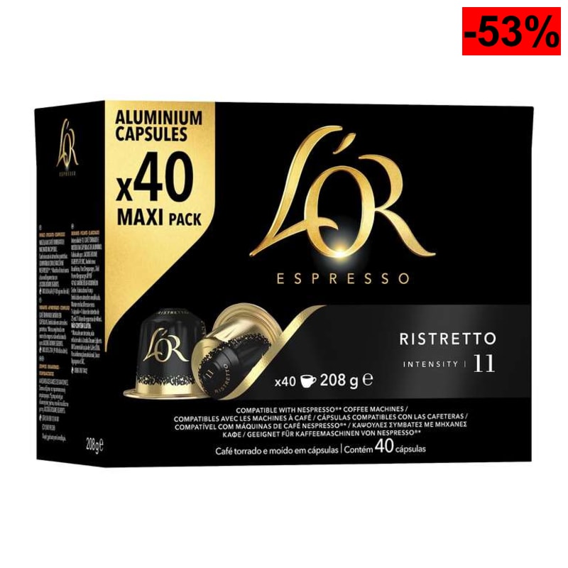 40 cápsulas de café para Nespresso L'Or Ristretto | A 0,18€ la cápsula (con Compra Recurrente)