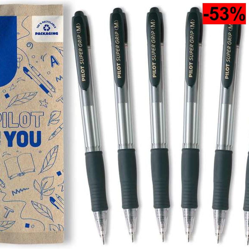 PILOT - Caja de 6 Bolígrafos Super Grip - Bolígrafo Recargable y Retráctil - Negro