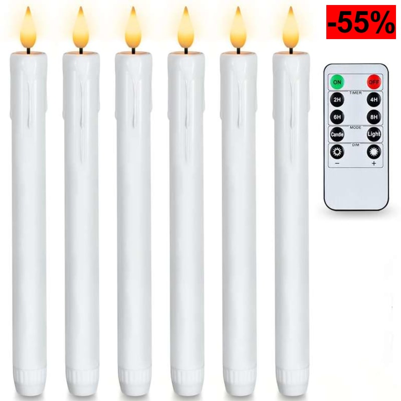 AMAGIC 6 velas LED blancas, velas de pizarra sin llama con mando a distancia, velas LED que funcionan con pilas, luz 3D