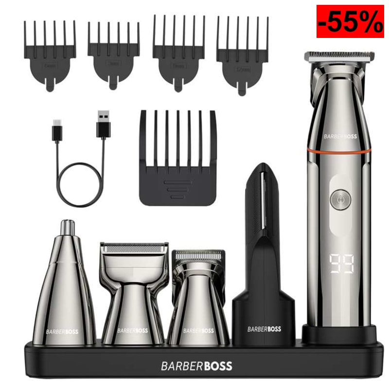 Recortadora de barba BarberBoss 5 en 1, inalámbrica, afeitadora de nariz y cuerpo con pantalla LED y carga USB-C