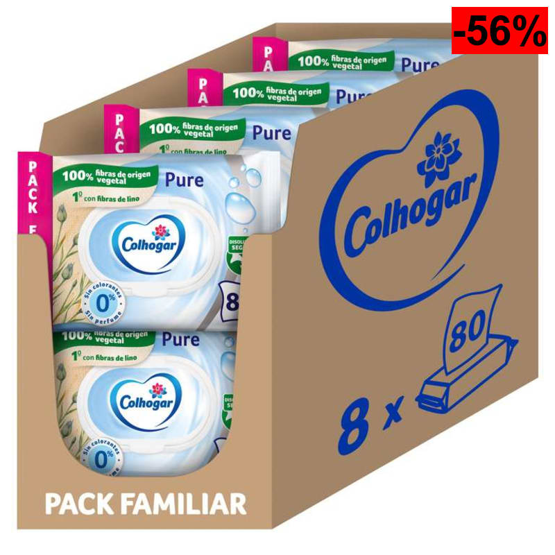 Colhogar Pure Moist x640 (8 X 80) - Papel Higiénico Húmedo Desechable - Sin Alcohol - Pieles Sensibles - Dermatológicamente Testado