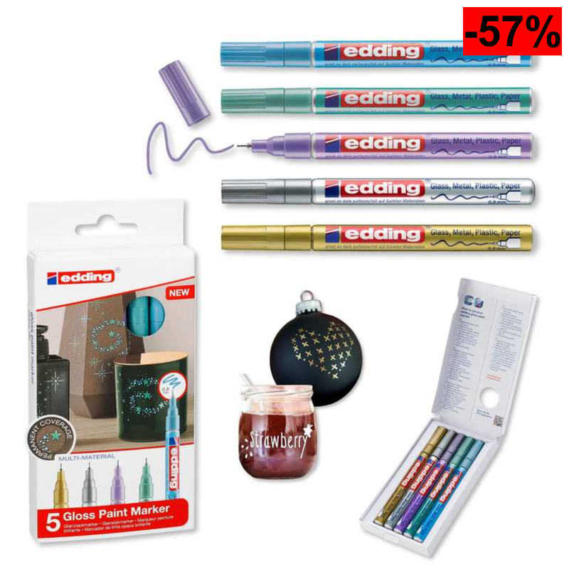 Edding 780-5 Marcadores de Tinta Opaca Brillante - Oro, Plata, Azul, Verde, Violeta (metallic) - Punta Fina 0,8 mm